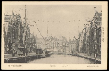 Rokin 2-34 v.r.n.l.met 2 paardentrams richting de Dam. Het water van het Rokin is hier nog niet gedempt, Afb PBKD00346000002