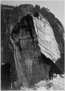 Rock formation, from below, In Zion National Park, Utah. (Vertical orientation), 1933 - 1942 - NARA - 520020 photo