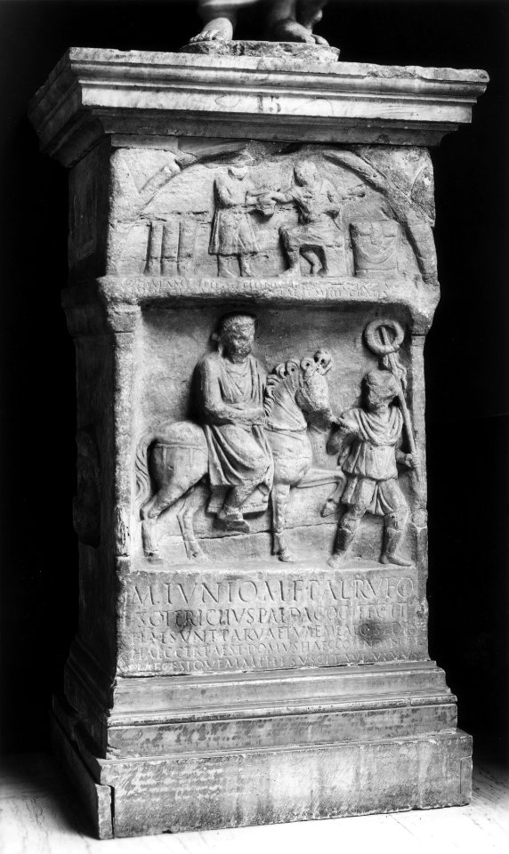 Roman - Funeral Stele with Figure Guiding a Horse and Rider - Walters 2318 - Three Quarter