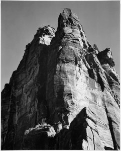 Rock formation, from below, In Zion National Park, Utah. (Vertical orientation), 1933 - 1942 - NARA - 520021