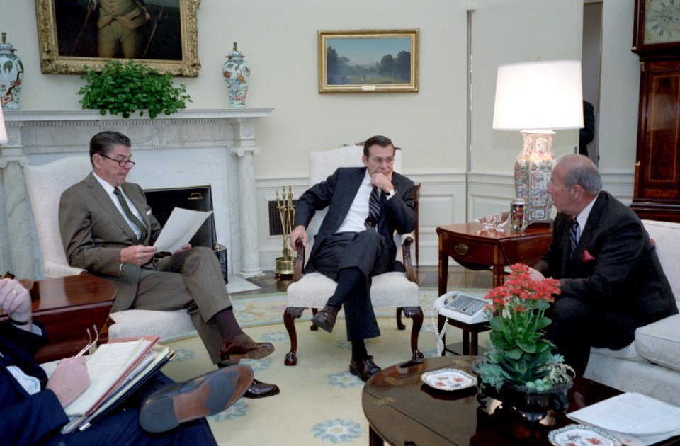 Ronald Reagan at a National Security Briefing with Donald Rumsfeld and George Shultz in Oval Office