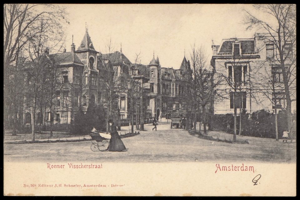 Roemer Visscherstraat vanuit het Vondelpark naar de Constantijn Huygensstraat. Uitgave J.H. Schaefer, Amsterdam, Afb PBKD00173000002