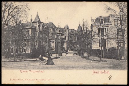 Roemer Visscherstraat vanuit het Vondelpark naar de Constantijn Huygensstraat. Uitgave J.H. Schaefer, Amsterdam, Afb PBKD00173000002
