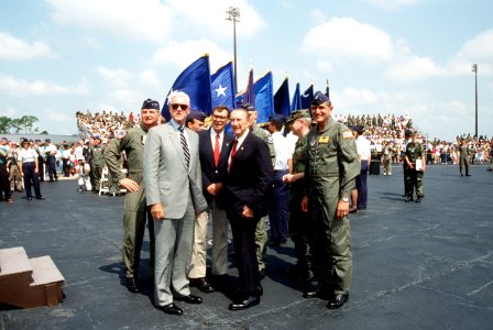 Ronald Fogelman, Ernest Hollings, Strom Thurmond, and Thomas Mikolajcik during turnover ceremonies for the first C-17 Globemaster III being delivered to the Air Force