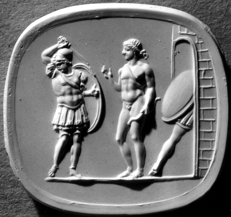 Roman - Intaglio of Apollo and Achilles before the Walls of Troy - Walters 421059 - Impression