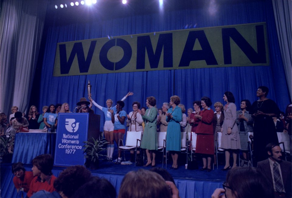 Rosalynn Carter with Betty Ford and Ladybird Johnson at the National Womens Conference. - NARA - 176924