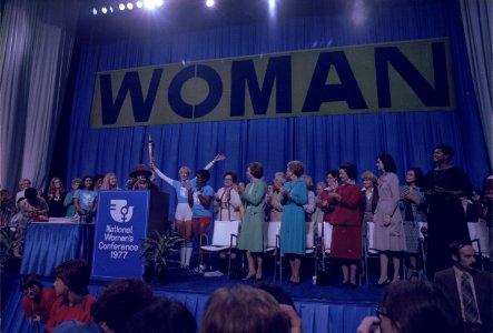Rosalynn Carter with Betty Ford and Ladybird Johnson at the National Womens Conference. - NARA - 176924