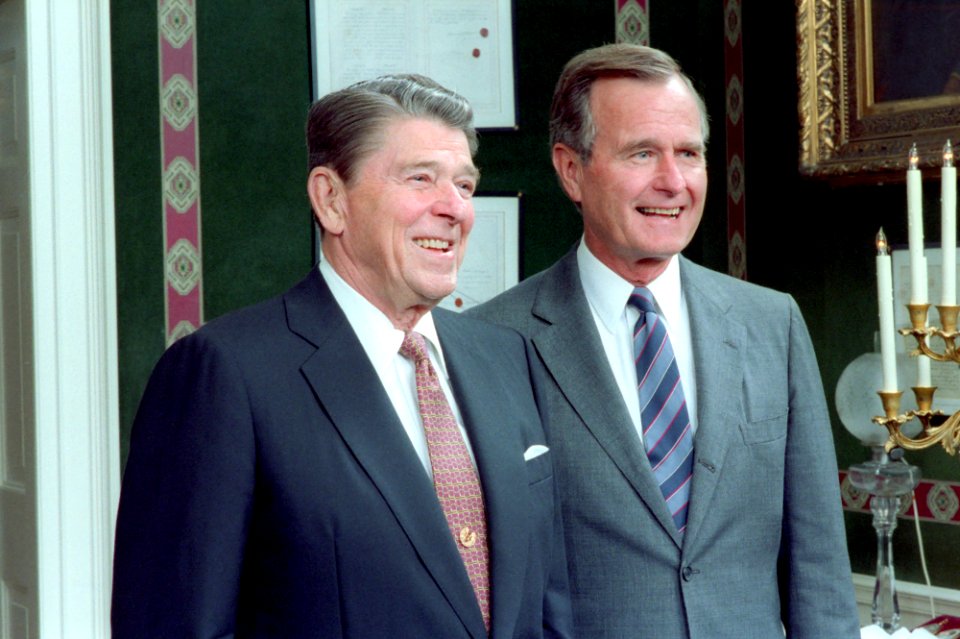 Ronald Reagan and George H. W. Bush in The Treaty Room Posing for The 1987 Cabinet Photo