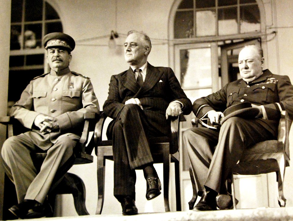 Roosevelt Churchill and Stalin at Tehran Conference 1943 (24108049170)