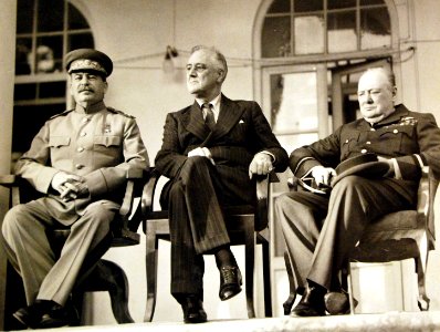 Roosevelt Churchill and Stalin at Tehran Conference 1943 (24108049170)