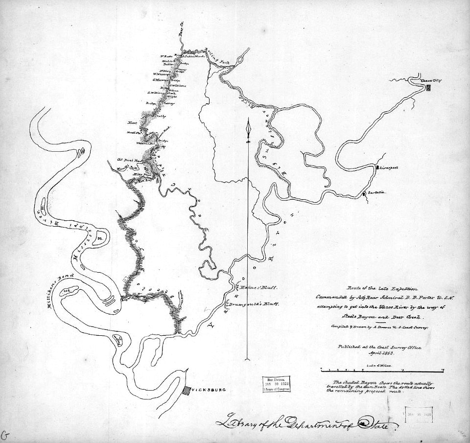 Route of the late expedition commanded by Act'g. Rear Admiral D. D. Porter U.S.N. attempting to get into the Yazoo River by the way of Steels Bayou and Deer Creek