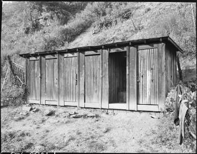 Row of privies. Third from the left is that used by the Furman Currington family. Black Mountain Corporation, 30-31... - NARA - 541257 photo