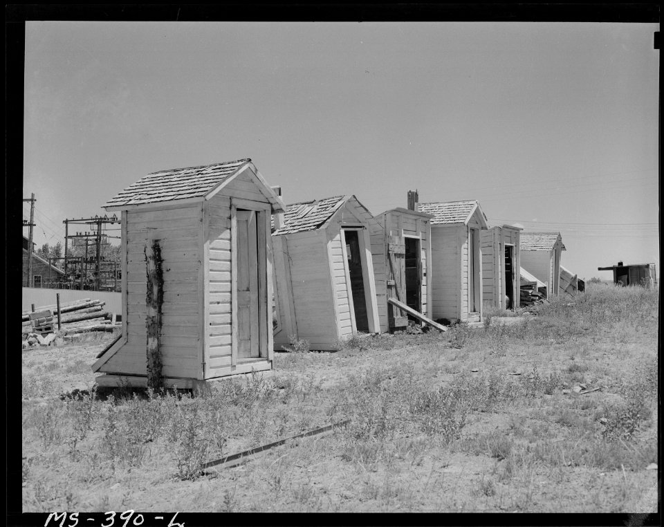 Row of privies on back of part of company housing proiect. Colorado Fuel & Iron Corporation, Kebler ^2 Mine, Tioga... - NARA - 540387