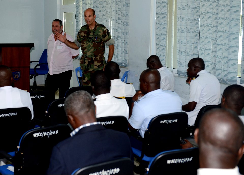 Royal Netherlands Marine Corps Capt. Dick Kik, top right, teaches a fishery inspection course as part of Africa Partnership Station (APS) 2013 in Takoradi, Ghana, Sept 130930-N-CH661-037