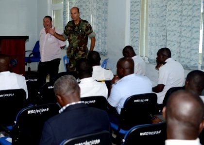 Royal Netherlands Marine Corps Capt. Dick Kik, top right, teaches a fishery inspection course as part of Africa Partnership Station (APS) 2013 in Takoradi, Ghana, Sept 130930-N-CH661-037