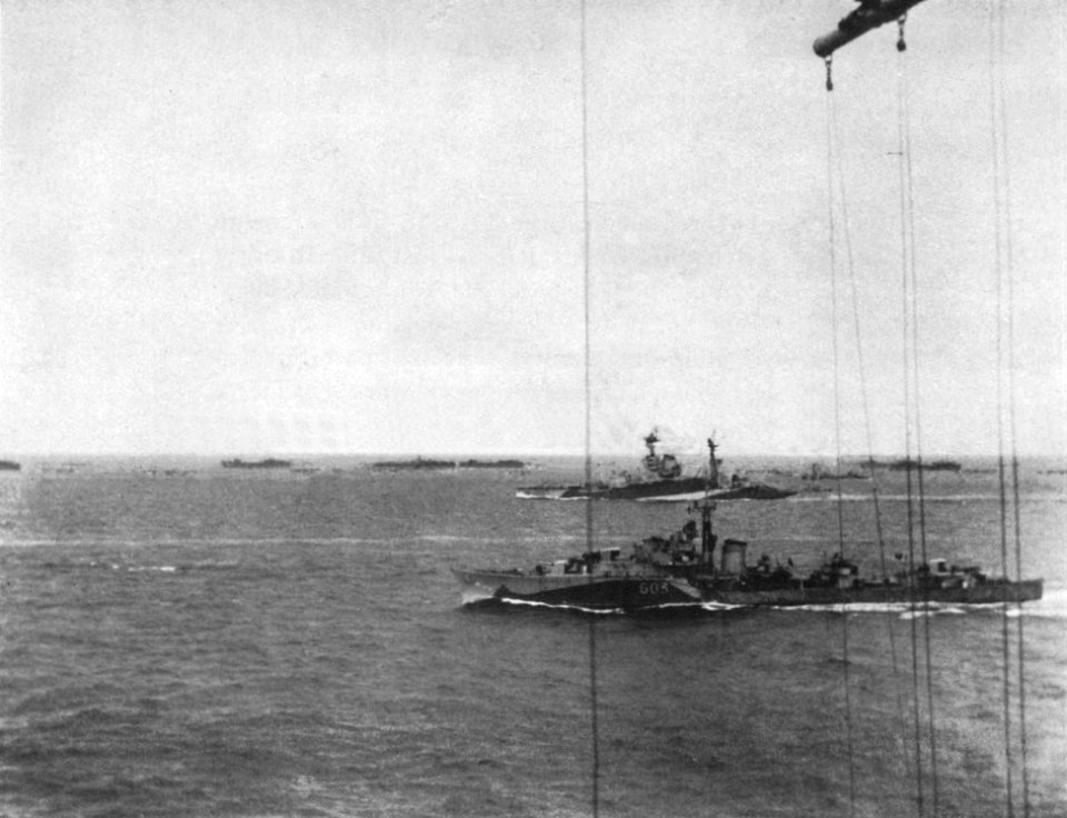 Royal Norwegian Navy destroyer KNM Svenner (G03) underway with a convoy, in 1944