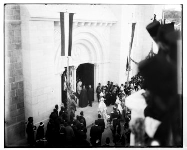 Royal party at the entrance to the German Lutheran Church of the Redeemer for its dedication. The church was built on the foundation of an ancient Crusader church. LOC matpc.07342