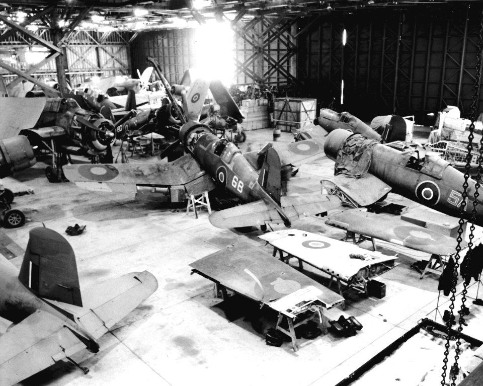 Royal Navy aircraft in hangar at NAS Brunswick in 1944