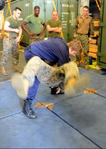 Royal Netherlands Navy Petty Officer 1st Class Marielle van Dijk performs a judo throw on U.S. Marine Corps Lance Cpl. Josh D. Mutchler during mixed martial arts training aboard the Royal Netherlands Navy 130926-N-CH661-093