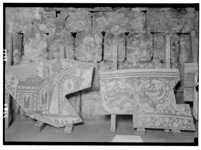 Ruins of Jerash (Gerasa). Jerash mosaic. Section representing buildings. LOC matpc.02763