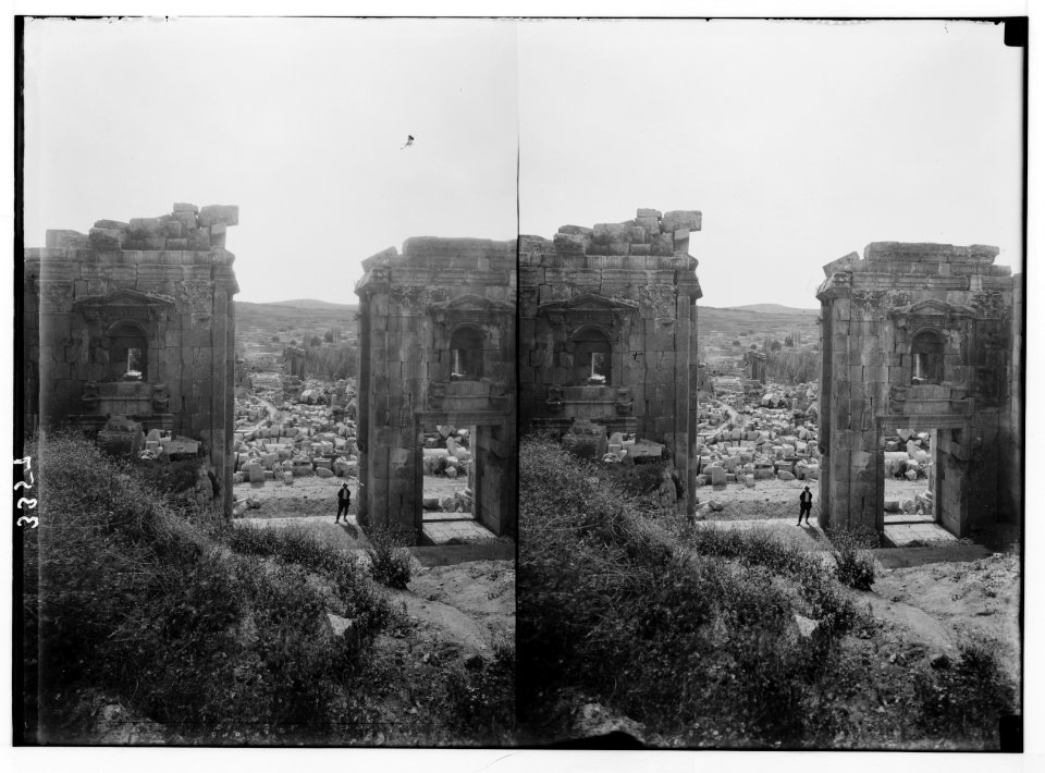 Ruins of Jerash (Gerasa). Gateway to Temple of Artemis. Reverse view of preceeding subject (triple gateway) across main avenue. LOC matpc.02748