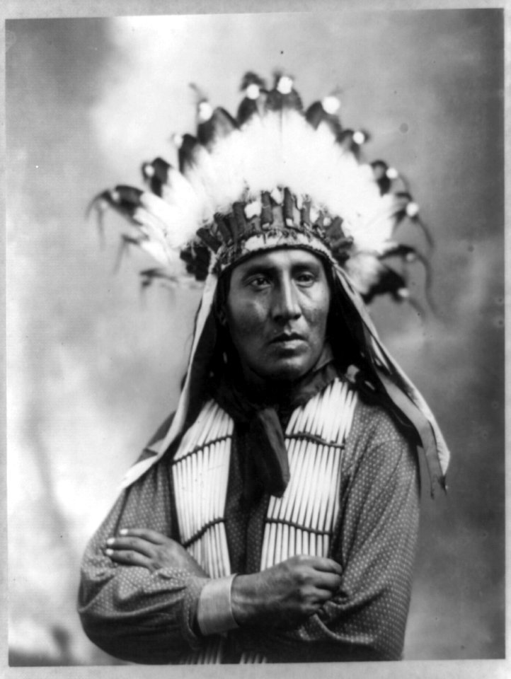 Running Horse, half-length portrait, facing slightly right with arms folded; wearing feather headdress and bone breast plate LCCN92509869