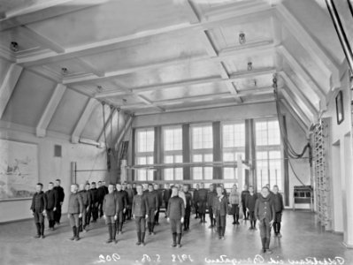 Ruotsinkielinen kansakoulun Cygnaeusskolan oppilaita voimistelutunnilla juhlasalissa, Helsinki 1913, Ratakatu 8 - N902