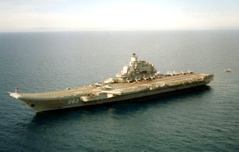Russian aircraft carrier Admiral Kuznetsov with ski-jump takeoff ramp for STOBAR