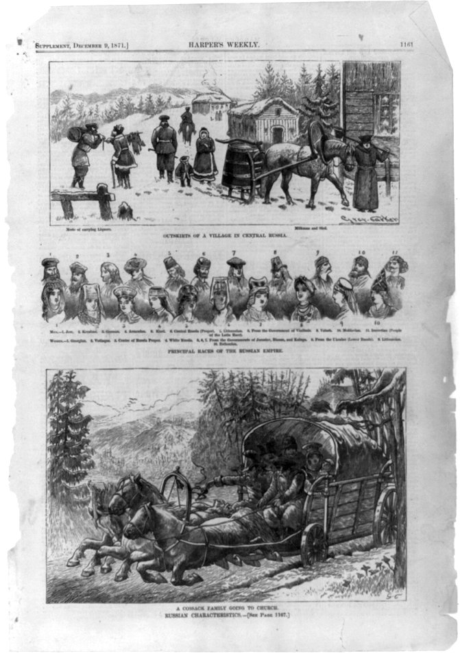 Russian characteristics (3 illustrations). 1. Outskirts of a village in central Russia. Mode of carrying liquors. Milkman and sled; 2. Principal races of the Russian empire (11 men and 11 LCCN99614251