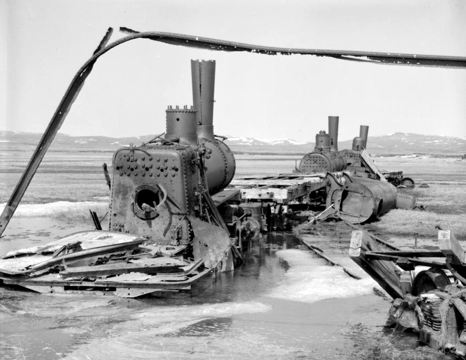 Rusting locomotives near Nome