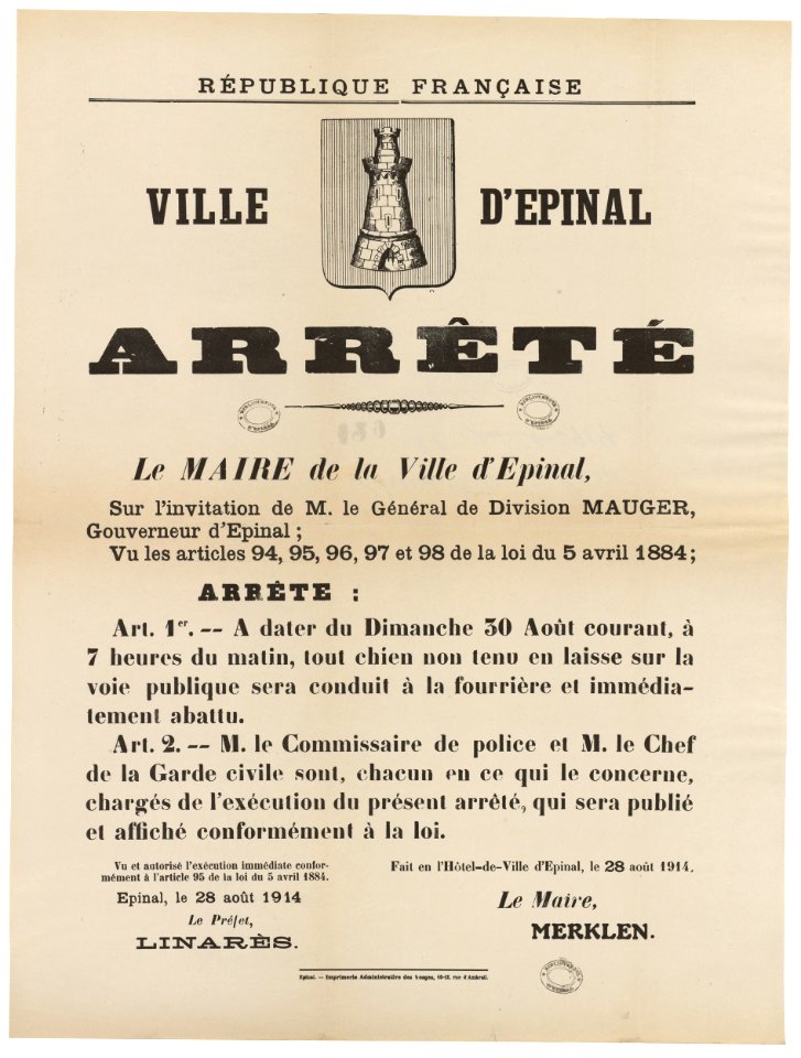 République française. Ville d'Epinal. Arrêté. Le Maire d'Epinal sur l'invitation de M. le Général de AFF 1914sur129 PsurM