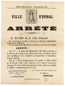 République française. Ville d'Epinal. Arrêté. Le Maire d'Epinal sur l'invitation de M. le Général de AFF 1914sur129 PsurM