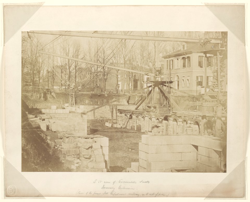 S.W. view of excavations, south Treasury extension (Rear of the present State Department building, on the right of picture). LCCN2011660273