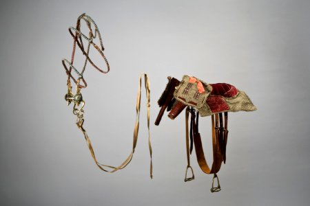 Röd barnsadel, huvudlag, tyglar, huvudlag, bett, stigbyglar, pistolhölster - Livrustkammaren - 86121