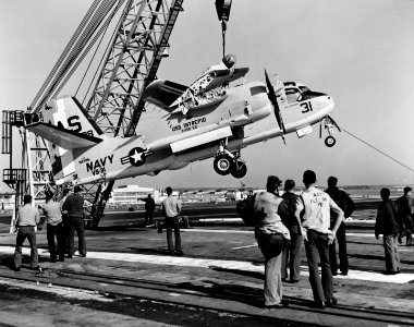 S-2E Tracker of VS-31 is hoisted aboard USS Intrepid (CVS-11) in September 1969