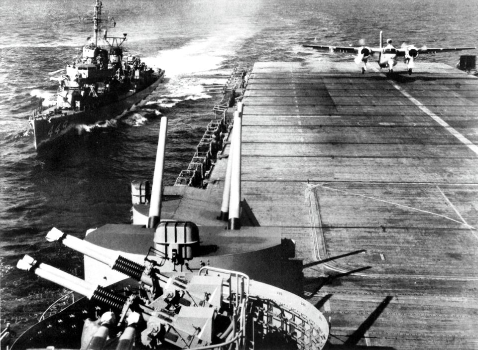 S2F Tracker of VS-21 lands on USS Philippine Sea (CVS-47) in 1958