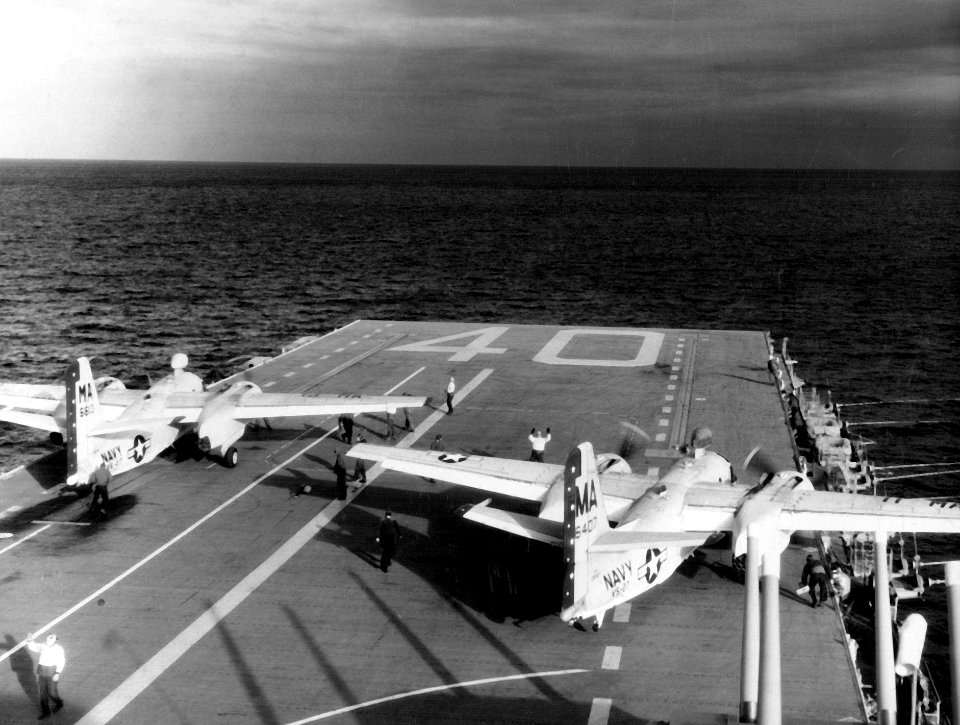S2F-1 Trackers of VS-27 launching from USS Tarawa (CVS-40) c1959