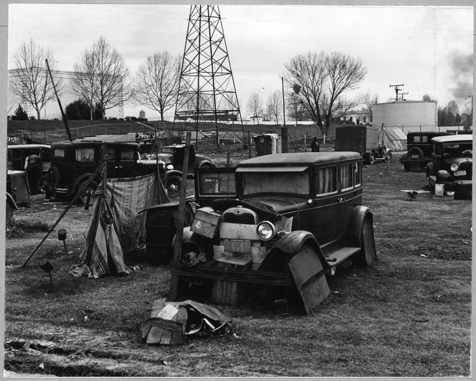 Sacramento, California. Close-up view of squatter camp. This family lives in the car without a tent. - NARA - 521748