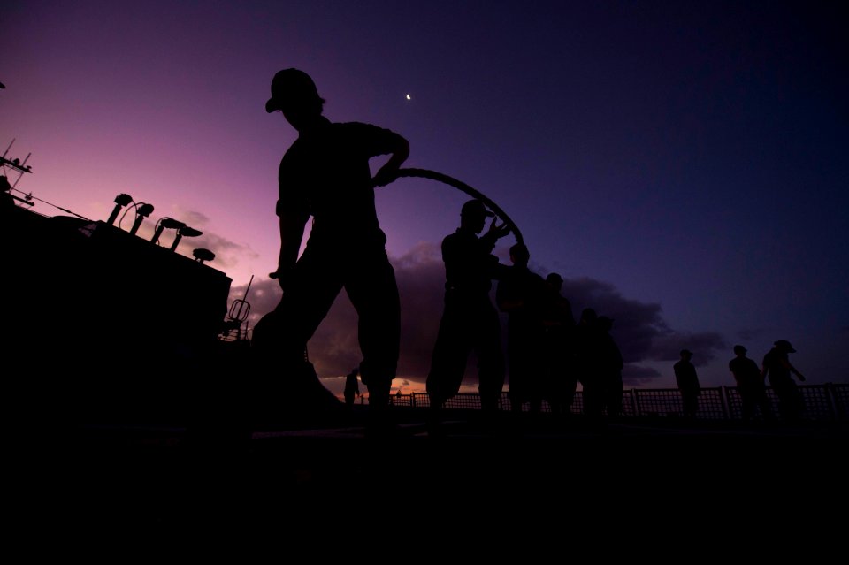 Sailors aboard USS Benfold prepare for sea and anchor detail. (25246855299)