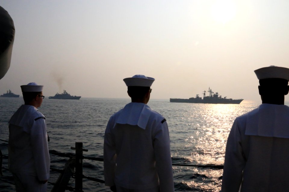 Sailors assigned to the Arleigh Burke-class guided-missile destroyer USS McCampbell (DDG 85) stand at attention for the India's International Fleet Review (IFR) 2016