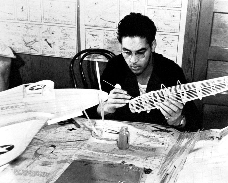 Sailor making aircraft model, Camp Robert Smalls, Naval Training Center, Great Lakes, Illinois, WWII (20382274065)