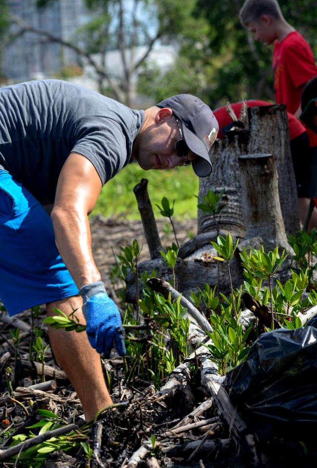 Sailors assist in a cleanup at the ancient fishpond, Loko Pa'aiau, on Oahu 150718-N-GI544-116