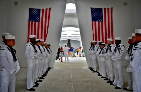 Sailors in formation at the USS Arizona Memorial. (8263439611)