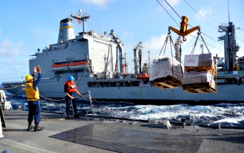 Sailors direct cargo during a replenishment-at-sea. (8455083139)