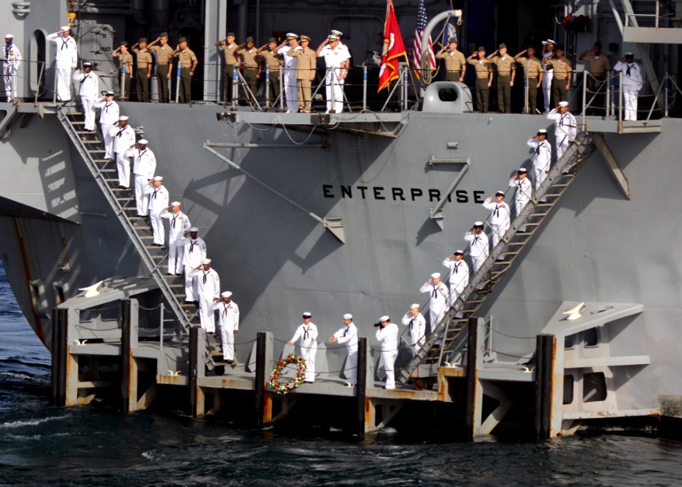 Sailors lower a wreath from USS Enterprise. (7335694178)