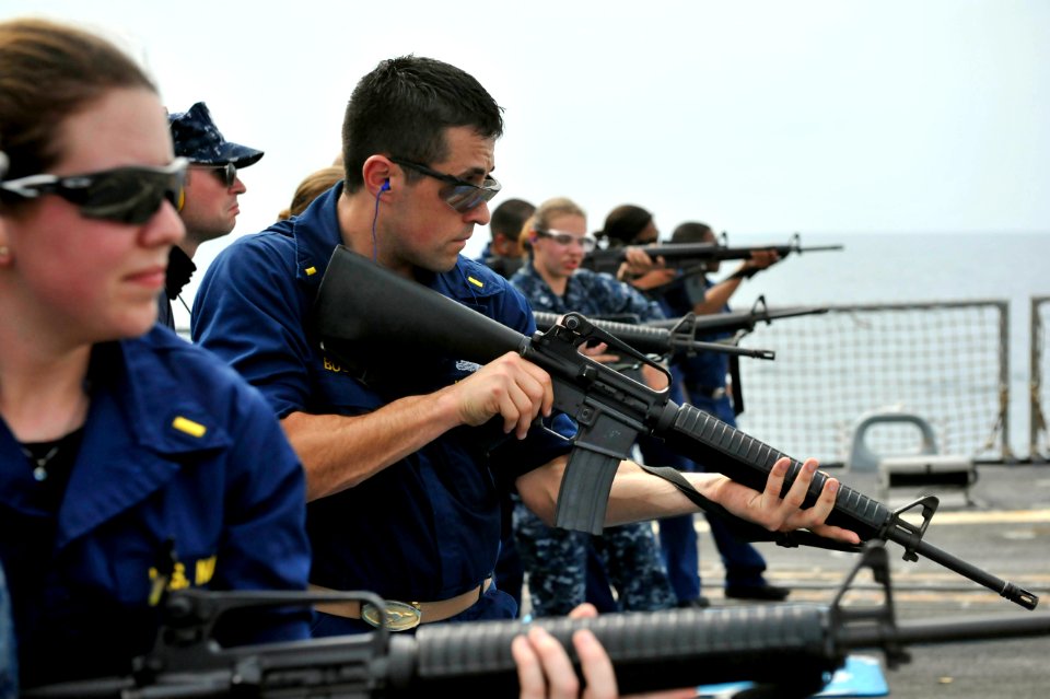 Sailors fire M16 rifles at sea. (8448062120)