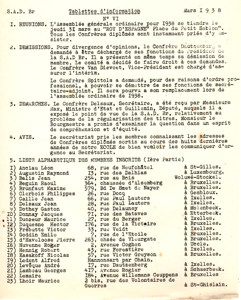 SADBr Tablettes d'Information 6 MARS 1938