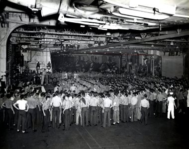 Sailors in the hangar of USS Enterprise (CV-6), 25 December 1943 (80-G-207823)