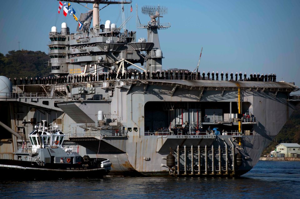 Sailors man the rails of USS George Washington. (8206279070)