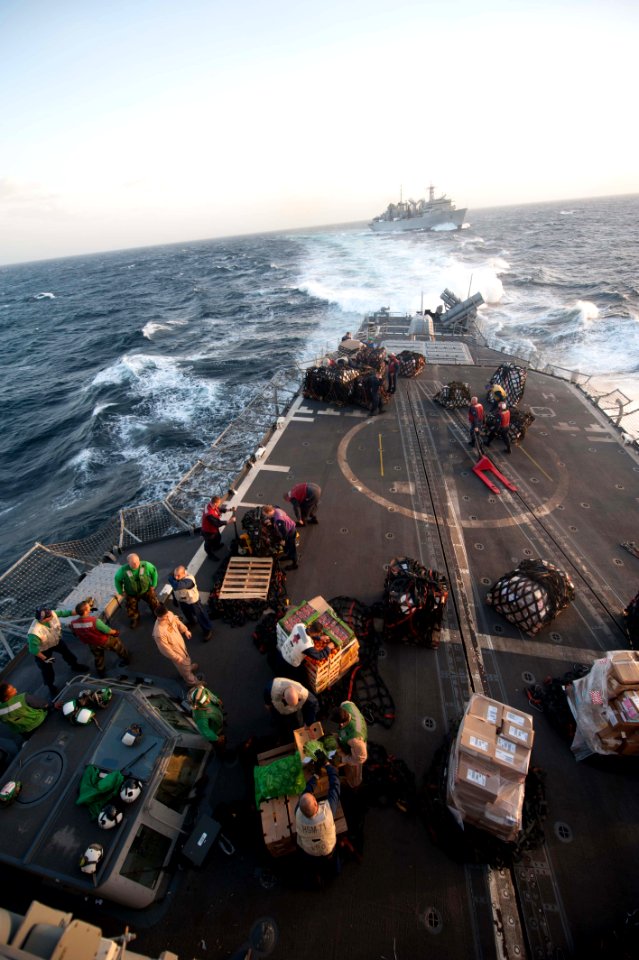 Sailors move fresh supplies at sea